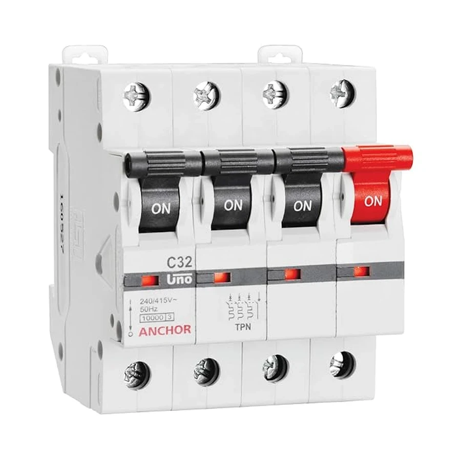 Anchor UNO TPN MCB 20A 'C' Curve 98036 - Three Pole + Neutral (Inferred), Standard Circuit Breaker for Three-Phase Protection
