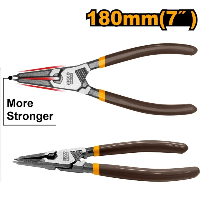 INGCO 7" / 180mm Professional Internal Straight Head Circlip Pliers | Heavy-Duty Cr-V Alloy Steel Snap-Ring Tool with 1.8mm Diameter Head & Black Polished Finish | HCCP261803