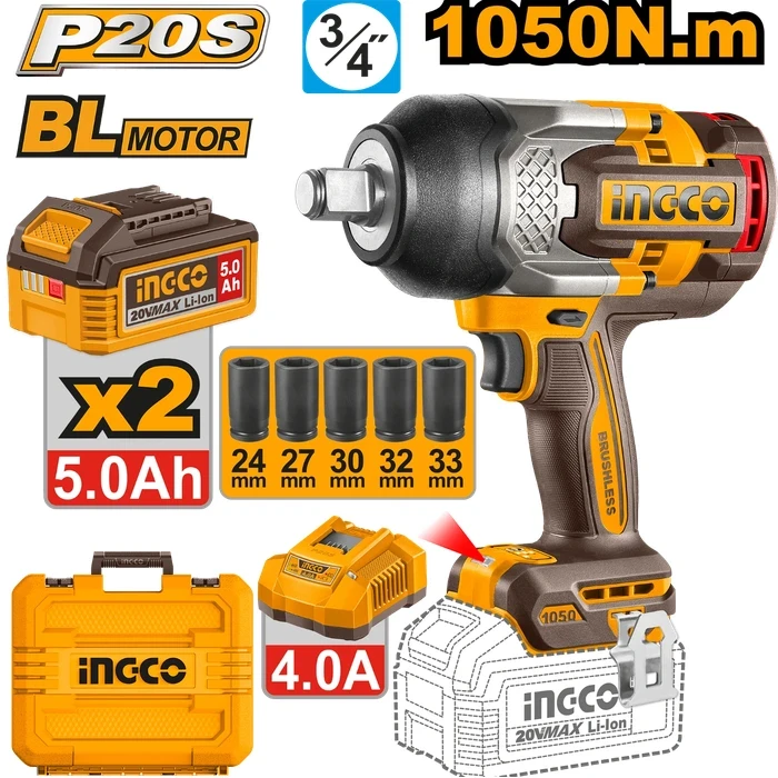 INGCO 20V Cordless Brushless 3/4" Impact Wrench | 1200Nm High Nut-Busting Torque Master Runner with 3-Speed Selector, Dual 5.0Ah Batteries, Charger & 5-Piece Deep Socket Set | CIWLI20105