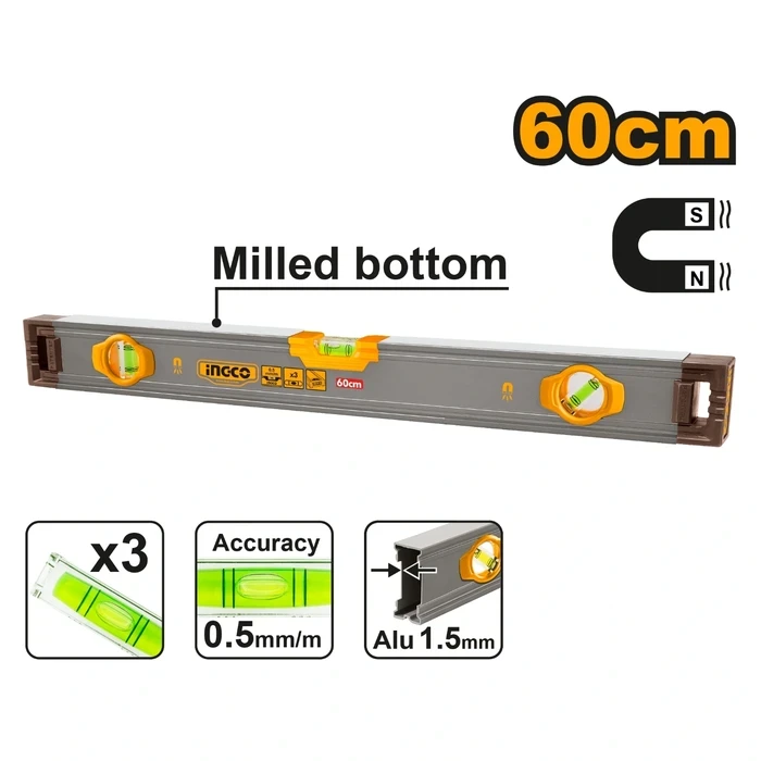 INGCO 60cm Magnetic Aluminum Spirit Level | 1.5mm Heavy Duty Double Milled Surface Box Level | 0.5mm/m High Accuracy Vials with 3 Pcs Powerful Magnets | HSL38060M