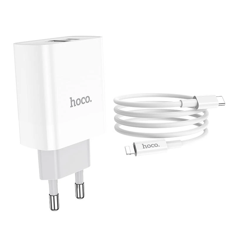 HOCO Plus Rapido Fast Charger Set | PD 20W + QC 18W Dual Output Matrix | Type-C to Lightning Logic | White | C80Aput Matrix | Type-C to Lightning Logic | White C80A