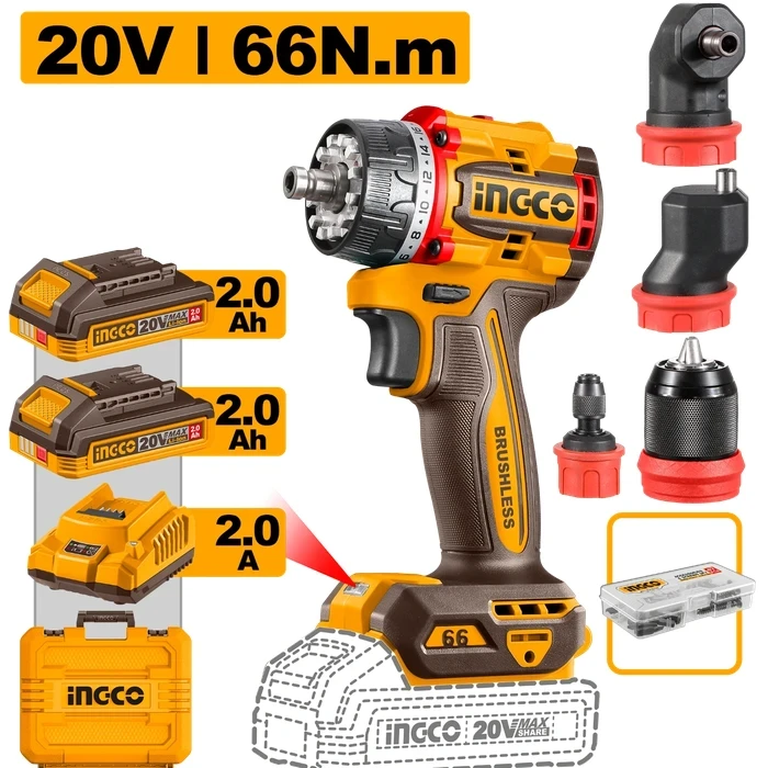 INGCO 20V Professional Brushless Cordless Multi-Head Drill Driver Kit | Heavy-Duty 66Nm Torque Modular Drill with Right-Angle, Offset & 13mm Metal Chuck Heads | CDLI206686