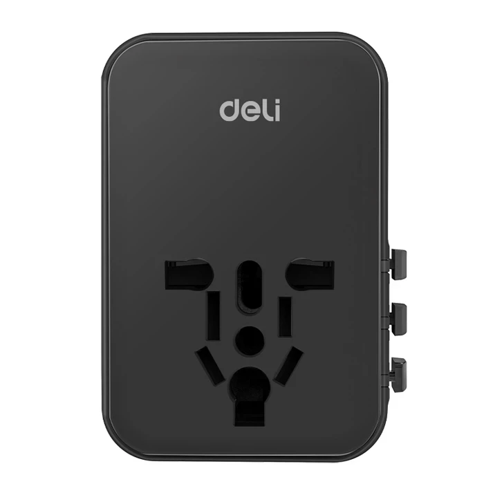 Deli ET766 Universal 25W Fast Charging Travel Adapter | EU, UK, US, AU All-in-One Socket & Plug | 1 USB-A & 2 Type C Ports with 6A Safety Fuse White