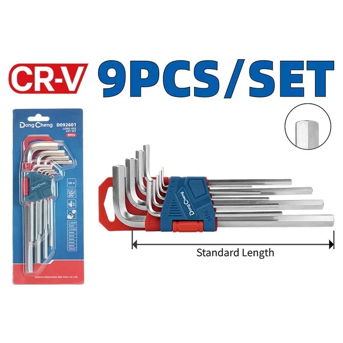 Dongcheng DG 9-Piece Hex Key Allen Wrench Set | Heat-Treated Chrome Vanadium (CR-V) Steel 1.5mm - 10mm Chrome Plated Standard Length Kit | DG Series