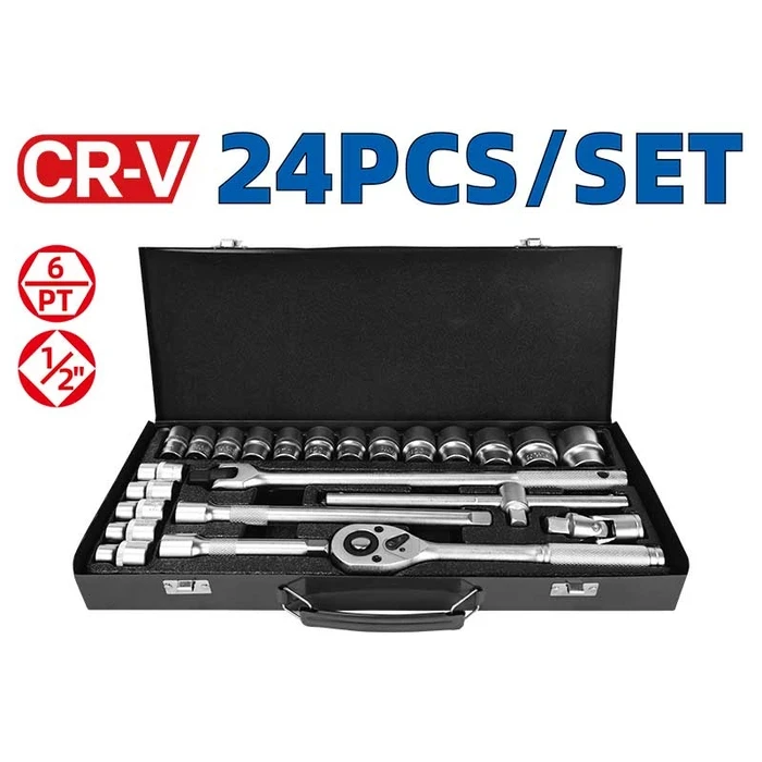 Dongcheng 24-Piece 1/2" Drive Master Metric Hex Socket Set (10–32mm) | Premium 50BV30 Cr-V Steel Heat-Treated & Chrome Plated Mechanics Kit with 45T Ratchet, 15" Breaker Bar & Sliding T-Bar | DG Serie