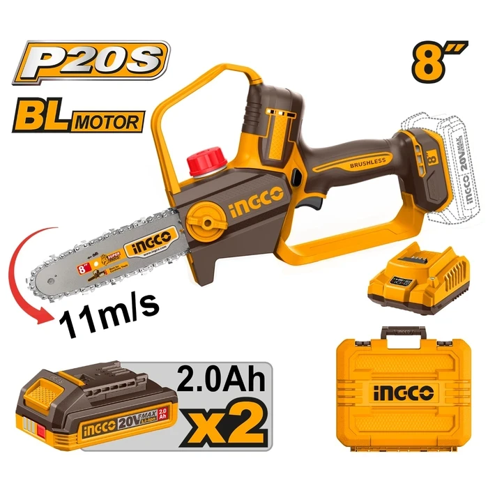 INGCO 20V Cordless Brushless Pruner Saw | 8" Handheld Mini Chainsaw Kit with Auto Lubrication | 11m/s High Speed Wood Cutter | Includes 2 x 2.0Ah Batteries & Fast Charger | CGSLI20882