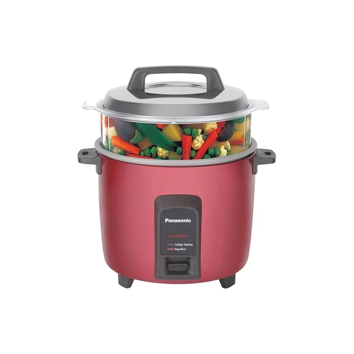 Panasonic 1.8L Automatic Drum Electric Cooker with Warmer & Non-Stick Pan | Single Steaming Basket Attachment | 660W Auto Keep Warm & Shut-Off | Model SR-Y18FHS(E) in Burgundy & Silver