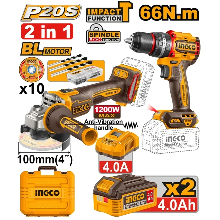 INGCO 20V Cordless Brushless Combo Kit | 1200W 100mm Angle Grinder & 66Nm 13mm Impact Drill with Dual 4.0Ah Batteries, Charger, Cutting Discs, and 50-Piece Accessory Array | CKLI2025610