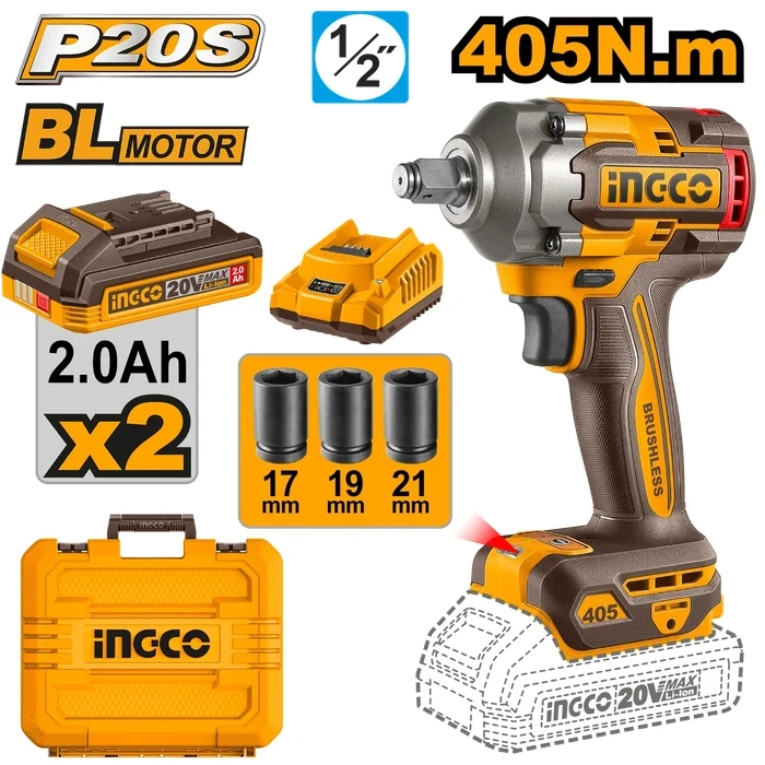 INGCO 20V Cordless Brushless 1/2" Impact Wrench | 555Nm High Breakaway Torque Nut Runner with 3-Speed Selector, Dual 2.0Ah Batteries, Charger & 3-Piece Socket Set | CIWLI2045