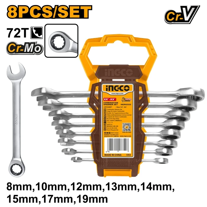 INGCO 8-Piece Professional Combination Ratchet Spanner Set | Heavy-Duty Forged CR-V Steel Wrenches 8-19mm with High-Quality Cr-Mo Ratcheting Box Heads & Fine Polished Finish | HKSPAR1082
