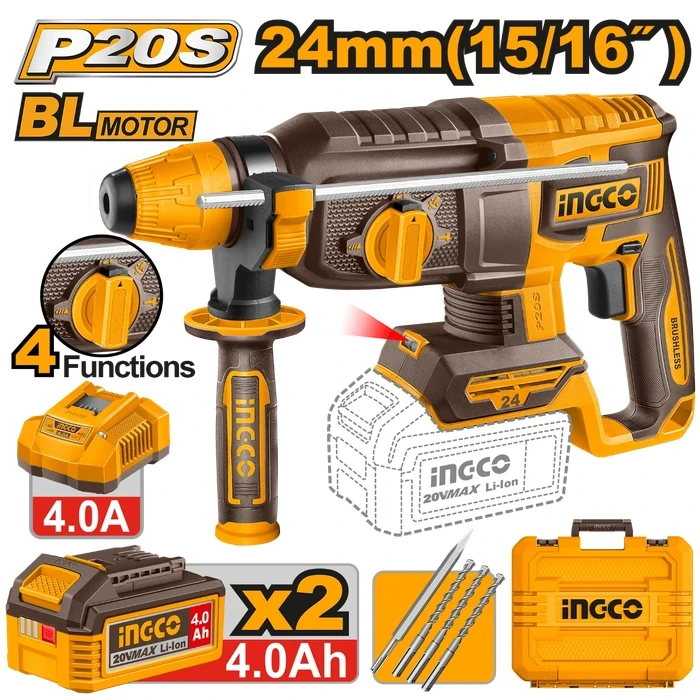 INGCO 20V Cordless Brushless SDS Plus Rotary Hammer | 2.4J Single Impact Force Hammer Drill with 24mm Concrete Capacity, Dual 4.0Ah Batteries, Charger & 4-Piece Bit Set | CRHLI202482