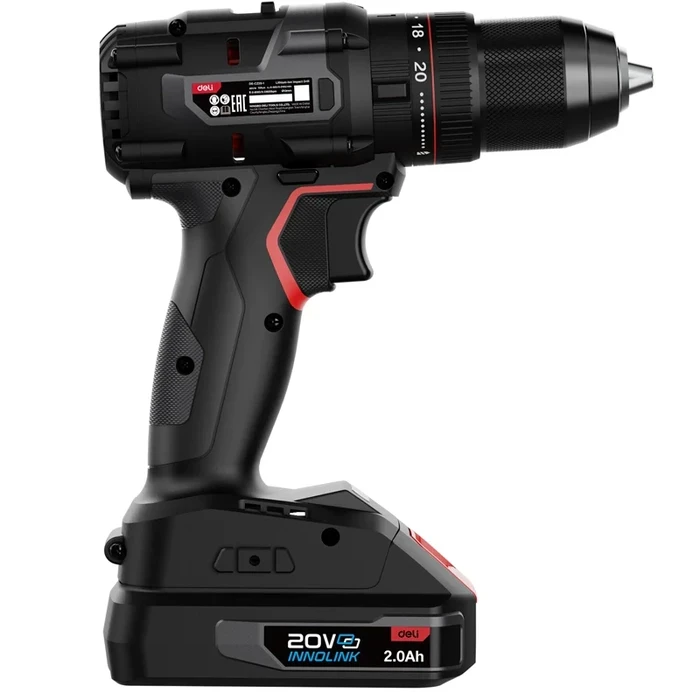Deli Tools 20V Brushless Cordless Impact Drill 70Nm High Torque 2-Speed Hammer Driver with 2100 RPM Ultra Motor & Intelligent TPM Safety Chip | EDE-CZ20-1D2