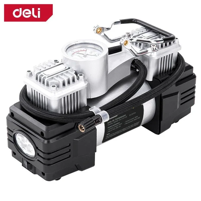 Deli 160W Professional 150 PSI Auto Air Compressor | Heavy-Duty Portable 12V DC Tyre Inflator with Auto Shut-Off Preset, Analog Pressure Gauge & Built-in LED Light | EDL8059