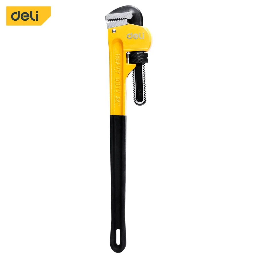 Deli 24" Professional Heavy-Duty Straight Pipe Wrench | High-Torque Ductile Cast Iron Body with Induction-Hardened Steel Jaws & Ergonomic Anti-Slip Grip (Yellow/Black) | EDL2524