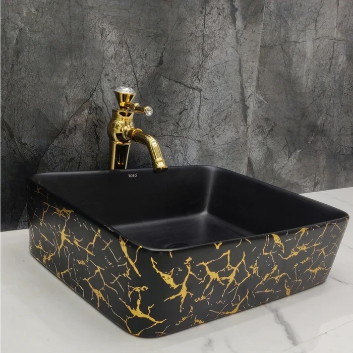 TOYO Car-392 Premium Countertop Ceramic Art Basin | 19x15 Inch Luxury Tabletop Wash Basin in High-Gloss Black with Elegant Gold Line Detail