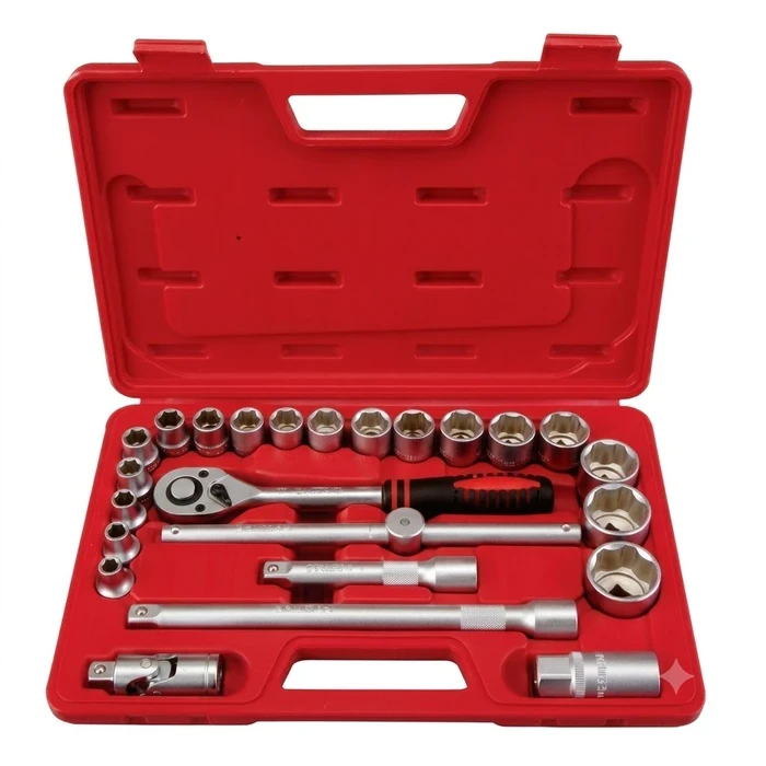 Baum 1/2" Drive 24-Piece Chrome Vanadium Steel Metric Socket Set With Matte Double Chrome Plated Hex & Bi-Hex Sockets In Blow Case Art-237 S1
