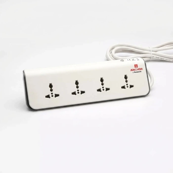 Anchor 4-Way Universal Socket Extension Board with Single Switch & Indicator | 10A Heavy-Duty 1.5M Cord Power Strip (Black & White) | 22648
