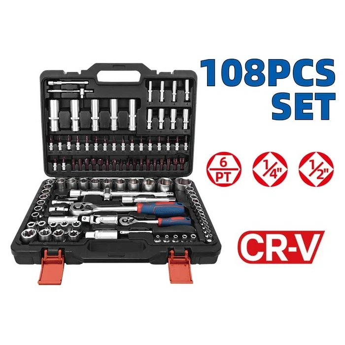 Dongcheng 108-Piece 1/4" & 1/2" Drive Master Mechanics Socket Set | Premium 50BV30 Cr-V Steel & S2 Bits with Dual 72T Quick-Release Ratchets, Deep Hex & E-Torx Sockets | DG Series