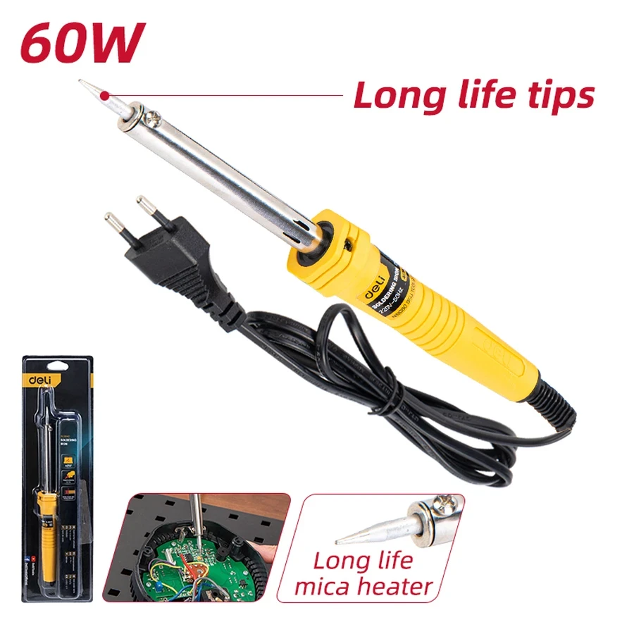 Deli Soldering Iron 60W Rapid Nickel-Chromium Heating Core, Mica Sheet Insulation & Heat-Resistant PRT Handle (Yellow) | EDL8860