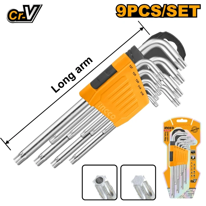 INGCO 9-Piece Long Arm Torx Key Set | Premium Chrome Vanadium Steel & T10–T50 Star Matrix | High-Visibility Storage Holder | HHK13091
