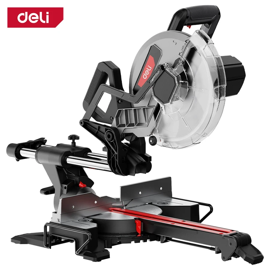 Deli 2000W 10" (255mm) Professional Sliding Compound Miter Saw (5000 RPM) | 0–45° Bevel with Max 340mm Wide Cross-Cut & Sturdy Aluminum Base (Red) | EDE570