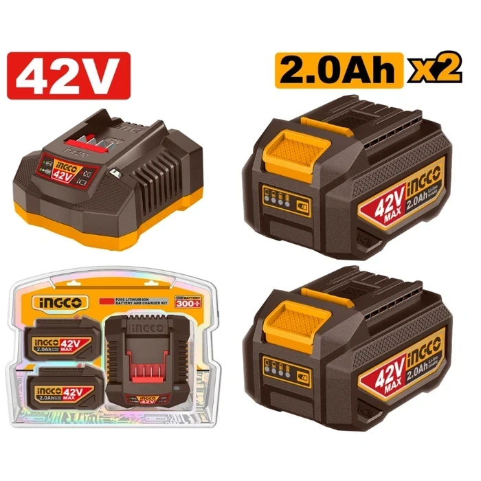 INGCO 42V Lithium-Ion Battery & Charger Power Starter Kit | Dual 2.0Ah FBLI42201 Batteries with LED Indicators & 2A FCLI42021 Fast Charger for P42M Multi-Tools | FBCPM20221