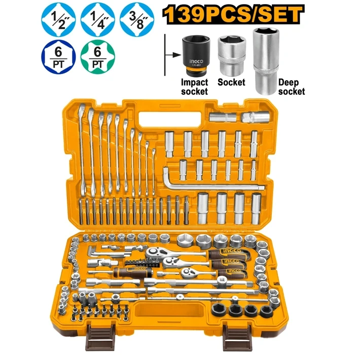 INGCO 139 Pcs Professional Combination Tools Set | Complete 1/4" & 3/8" & 1/2" Ratchet, Impact Sockets, Deep Sockets, Spanner, and Torsion Bit Mechanic Workshop Master Kit | HKTHP21391