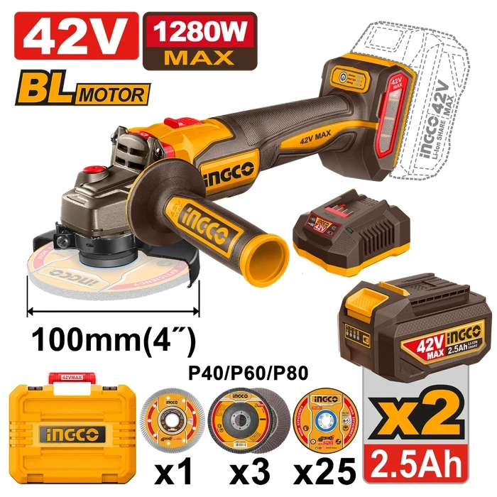 INGCO 42V Cordless Brushless 100mm Angle Grinder | 1280W Max Equivalent 3-Speed Power Cutter with Dual 2.5Ah Batteries, Charger, 25-Piece Metal Cutting Set, 3 Flap Discs & Diamond Blade | CAGLI4128102