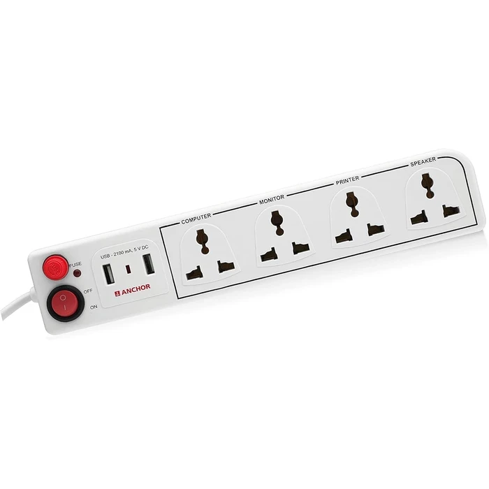 Anchor 4-Way Universal Socket Spike Guard Power Strip with Dual 2.1A USB Ports & Master Switch | 6A 1.5M Cord Type M Plug (White) | 22783