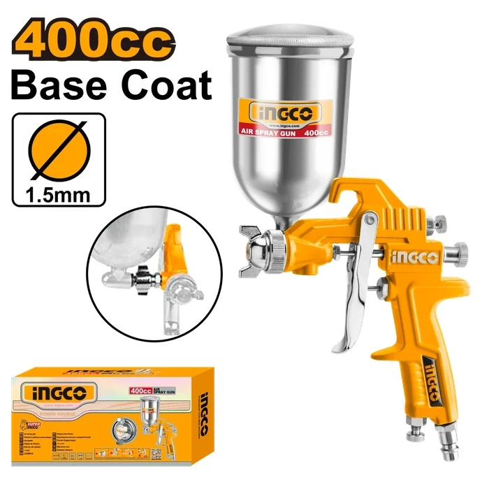 INGCO Pneumatic Air Spray Gun with 400CC Paint Capacity & 1.5mm Standard Nozzle | Professional Base Coat Paint Sprayer with 4-Type Universal Connectors & 180-250mm Pattern Width | ASG4042