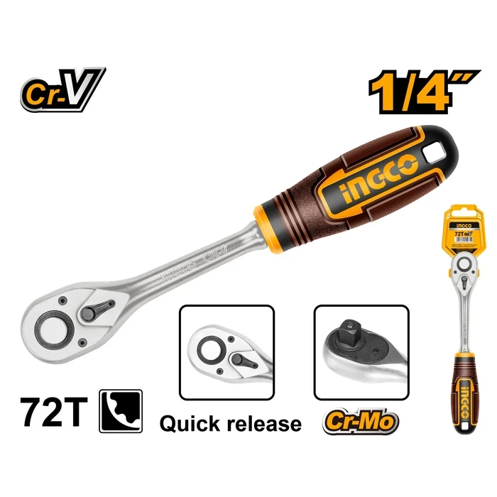 INGCO 1/4" Professional 72-Teeth Reversible Ratchet Wrench | Heavy-Duty Forged Cr-V & CrMo Steel Socket Drive Tool with Heat Treatment & 155mm Compact Length | HRTH0814