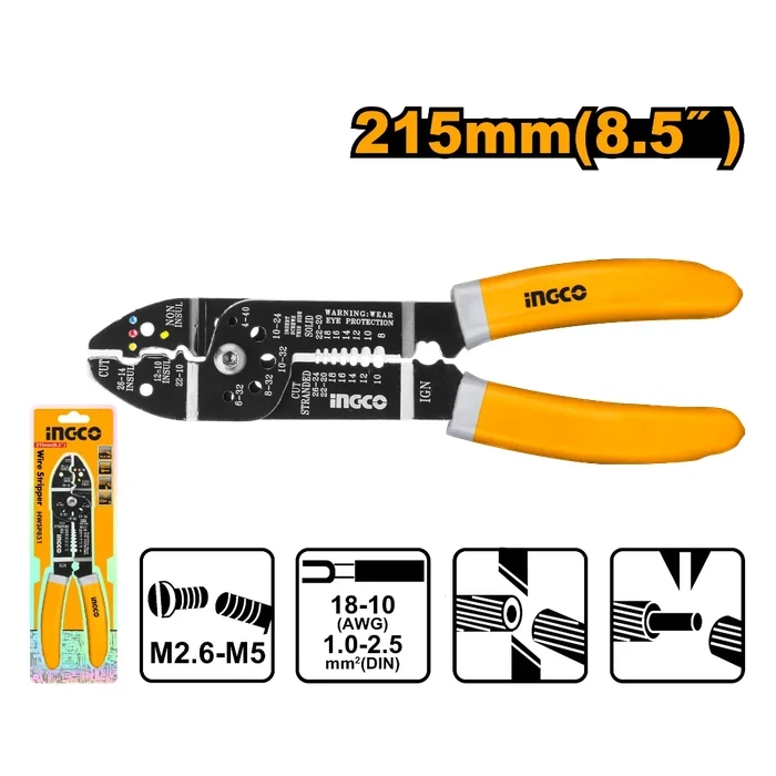 INGCO 8.5" / 215mm Professional Multi-Function Wire Stripper | 7-Gauge Insulation Stripping Tool with Sharp Wire Cutter, 5-Size Copper Screw Shear & Push-Down Function | HWSP851