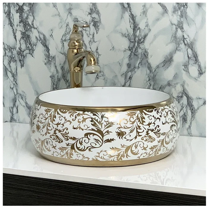 Toyo Snow-236 Ceramic Countertop Art Basin 16"x16" | Luxury White & Golden Premium Finish | Stain Resistant Easy to Clean Bathroom Wash Basin | 410x410x170mm